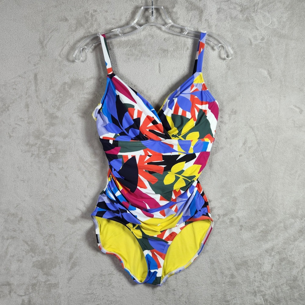 Anne Cole One Piece Swimsuit Womens 8 Colorful Tropical Floral Ruched Wrap VNeck